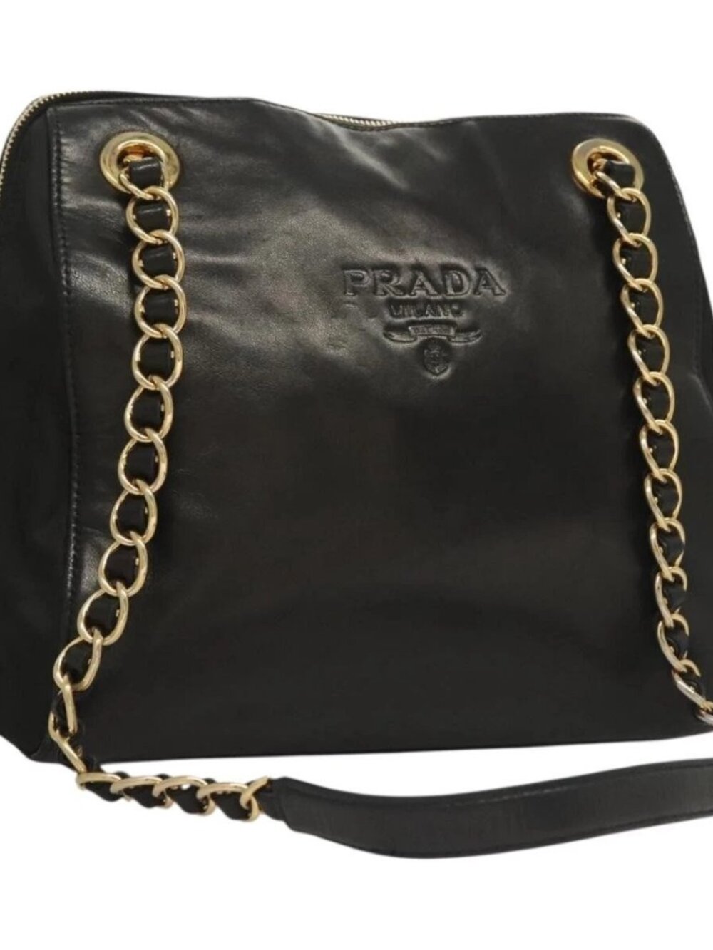 PRADA Chain Shoulder Bag Leather Black Gold Auth yk18939